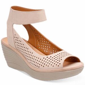Clarks Beige Perforated Wedge Sandals with box